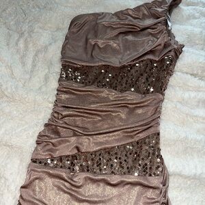 Dark champagne colored formal,
mermaid dress with sequence